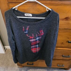 Gray Long Sleeve Top with Red Plaid Deer
